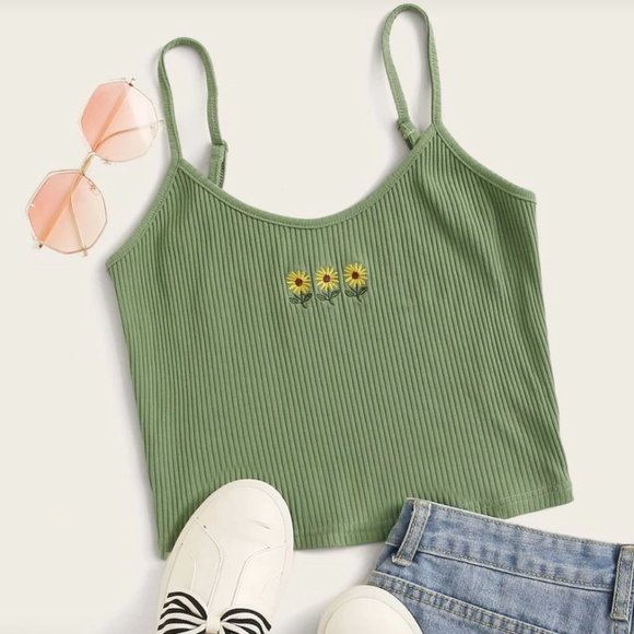 Tops - NEW Green Sunflower Embroidered Ribbed Crop Tank